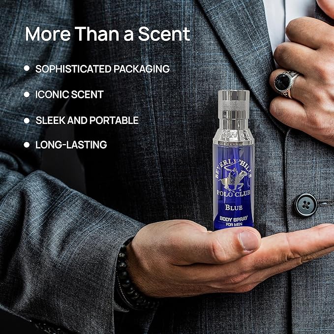 Beverly Hills Polo Club Body Spray for Men - BHPC Blue - Notes of Lavender & Sandalwood - Fresh, Oceanic, Long Lasting Cologne Scents - Ideal Gift for Him, 6oz