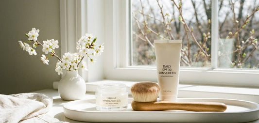 A bright, sunlit windowsill featuring a white tray with spring skincare essentials: a jar of Spring Hydration Gel, a wooden facial cleansing brush, and a tube of Daily SPF 30 Sunscreen, placed next to a small vase of delicate white spring blossoms.