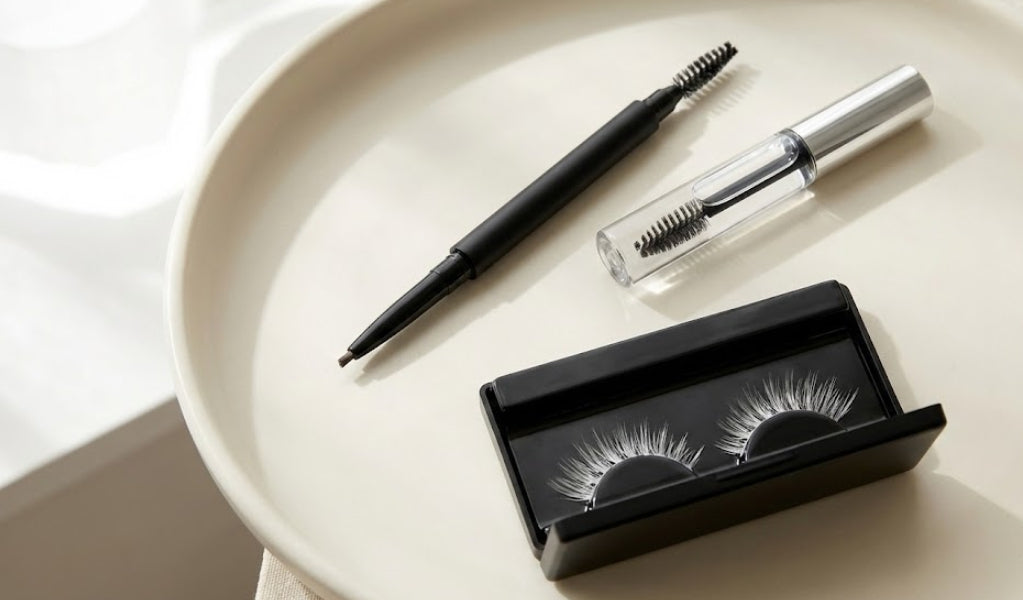 A professional arrangement of eyebrow pencils, brow gel, and false eyelashes on a clean ceramic surface with soft lighting.