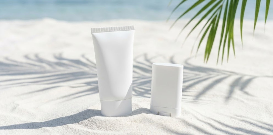 A white sunscreen tube and stick placed on sand with a palm leaf shadow in bright sunlight.