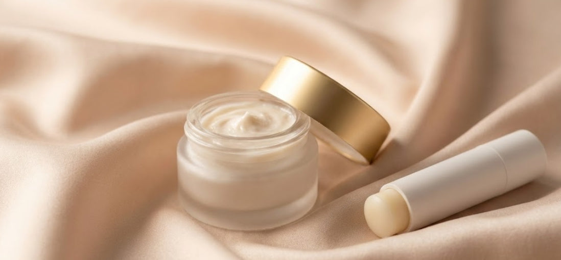A luxurious eye cream jar and lip balm tube resting on soft champagne-colored silk fabric with warm, elegant lighting.