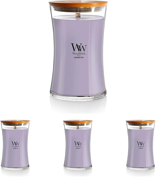 WoodWick Lavender Spa Gifts for Women and Men,21.5 oz Large Hourglass Candle with Crackling Wick,(Pack of 4)