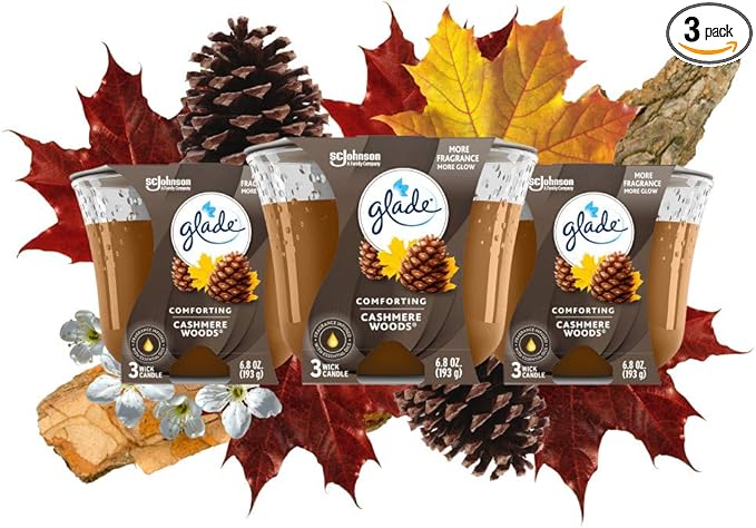 Glade Candle Cashmere Woods, Fragrance Candle Infused with Essential Oils, Air Freshener Candle, 3-Wick Candle, 6.8 Oz, 3 Count
