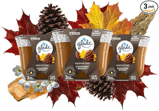 Glade Candle Cashmere Woods, Fragrance Candle Infused with Essential Oils, Air Freshener Candle, 3-Wick Candle, 6.8 Oz, 3 Count