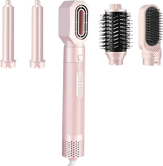 High-Speed 5 in 1 Hair Styler with Auto Curling Iron, Straightener & Volumizing Hot Air Brush |Fast Drying Ionic Blowout, No Heat Damage | Travel & Home Styling Tool (Pink)