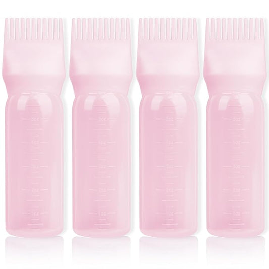 BLAAROOM Root Comb Applicator Bottle 6 Ounce, 4 Pack Hair Oil Applicator with Root Comb Brush for Scalp Hair Oiling - Pink