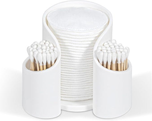 Cotton Pad QTips Holder, Bathroom Cups Dental Floss Dispenser, Storage Organizer for Cotton Pad QTips Paper Cup Floss, Bathroom Accessories Storage, Vanity Makeup Organizer (White)