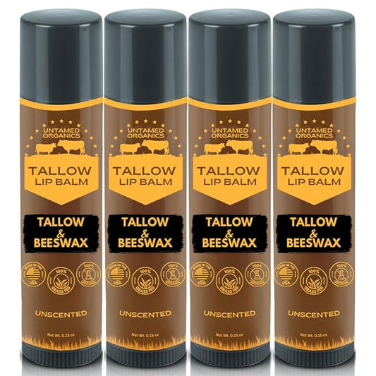 Pure Tallow Lip Balm | 100% Grass-Fed Beef Tallow and Organic Beeswax | Moisturizing Lip Care for Dry, Chapped Lips | Hypoallergenic, Fragrance-Free | Handcrafted in USA | 4-Pack