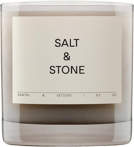 Salt & Stone Scented Candle for Women & Men | Coconut & Soy Blend Wax | Hand-Poured, Aromatic & Fragrant | 100% Cotton Wick | Long-Lasting 50 Hour Burn Time | Santal & Vetiver 8.5 oz