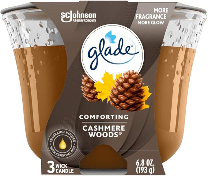 Glade Candle Cashmere Woods, Fragrance Candle Infused with Essential Oils, Air Freshener Candle, 3-Wick Candle, 6.8 Oz, 3 Count