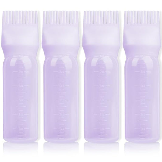 BLAAROOM Root Comb Applicator Bottle 6 Ounce, 4 Pack - Hair Oil Applicator with Root Comb Brush for Scalp Hair Oiling - Purple