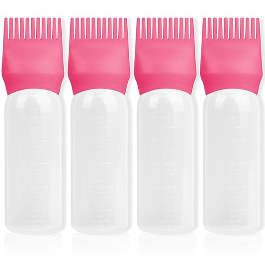 BLAAROOM Root Comb Applicator Bottle 6 Ounce, 4 Pack Hair Oil Applicator Bottle, Hair Dye Bottle Applicator Tools with Hair Oil Dispenser Root Comb Brush for Hair Oiling Applicator - Dark Pink