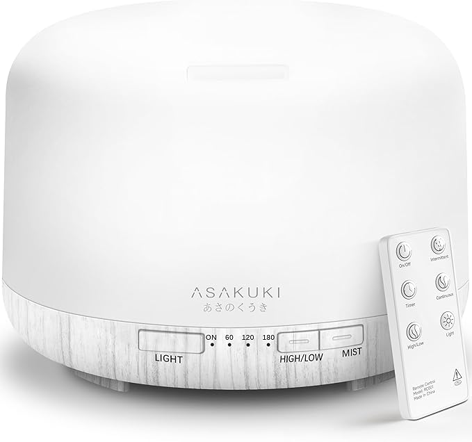 ASAKUKI Essential Oil Diffuser 500ml, Ultrasonic Aromatherapy Humidifier with Remote Control, 7 LED Colors, Timer & Auto-Off, Large Room Diffuser (White)