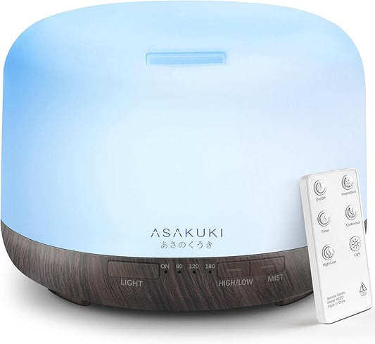 ASAKUKI Essential Oil Diffuser 500ml, Ultrasonic Aromatherapy Humidifier with Remote Control, 7 LED Colors, Timer & Auto-Off, Large Room Diffuser (Dark Brown)