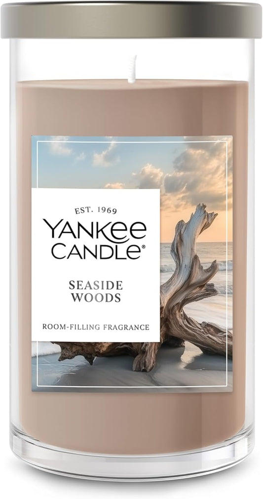 Yankee Candle Medium Pillar Scented Candle with up to 115 Hour Burn Time, Premium Plant Wax Blend for Consistent Burn, 14.25 oz Pillar Candle with Room Filling Fragrance, Seaside Woods