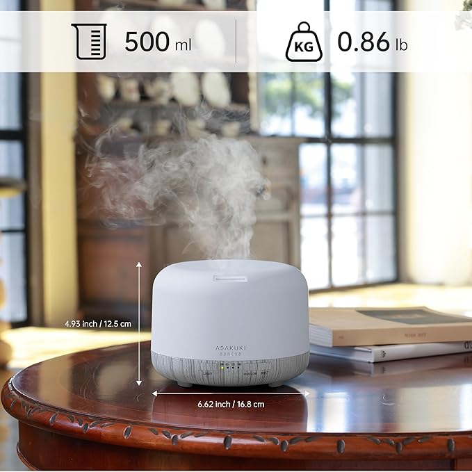 ASAKUKI Essential Oil Diffuser 500ml, Ultrasonic Aromatherapy Humidifier with Remote Control, 7 LED Colors, Timer & Auto-Off, Large Room Diffuser (White)