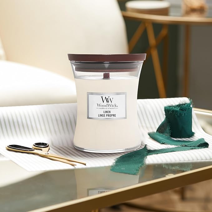 WoodWick Medium Hourglass Candle, Linen - Premium Soy Blend Wax, Pluswick Innovation Wood Wick, Made in USA