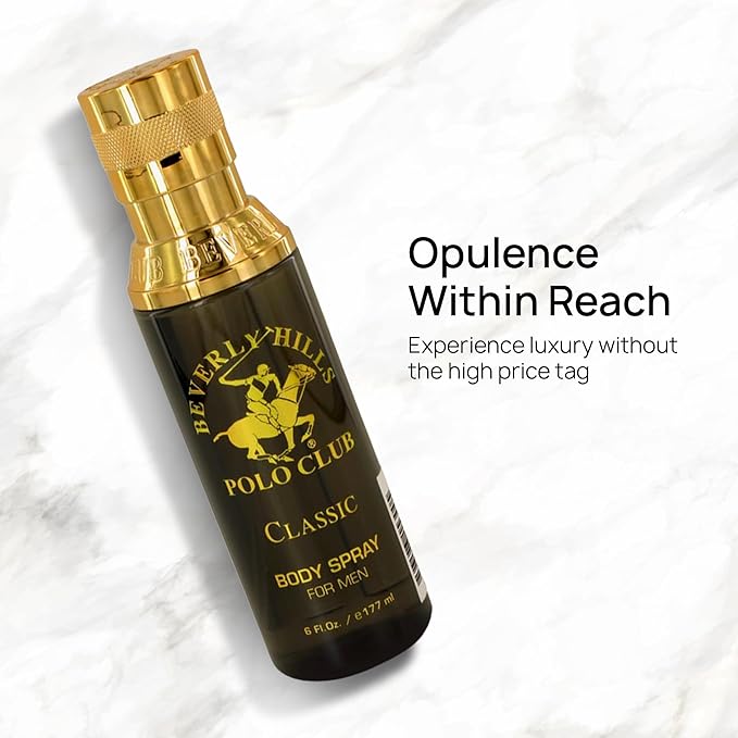 Beverly Hills Polo Club Body Spray for Men - BHPC Classic - Notes of Patchouli, Cedar, Vetiver, Ambergris & Musk - Long Lasting Cologne Scents - Ideal Gift for Him, 6oz