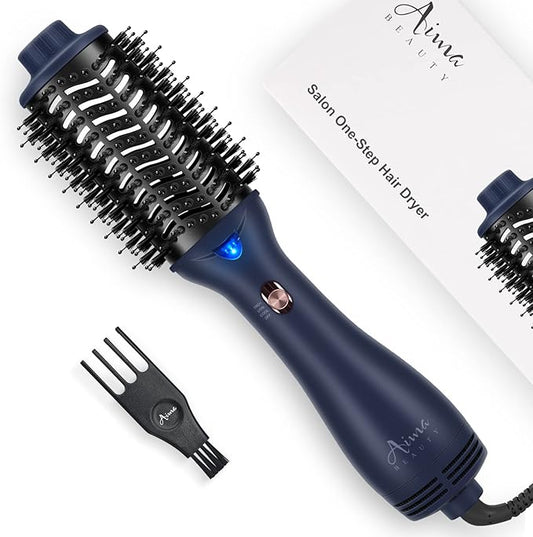 One Step Hair Dryer & Volumizing Brush, Aima Beauty Hair Styling Tool - Ceramic Straightener, Curler, Hot Air Styler & Ionic Salon Brush, Prussian Blue