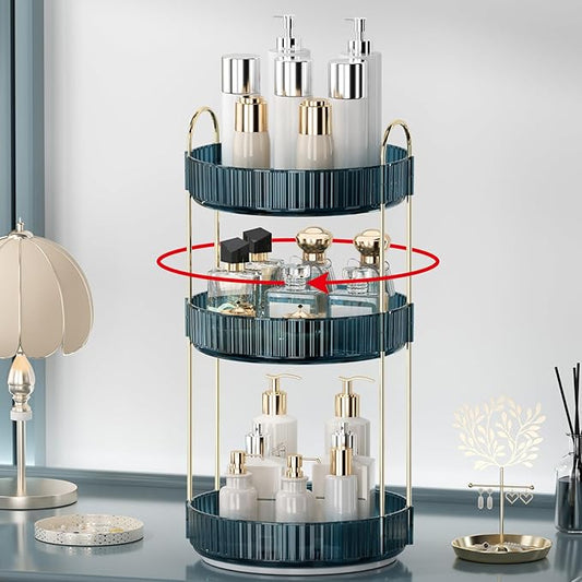 360 Rotating Makeup Organizer for Vanity, Bathroom Countertop Organizer Spinning Perfume Organizer, High-Capacity Cosmetic and Skincare Dresser Make Up Holder Rack (3 Tiers, Blue)