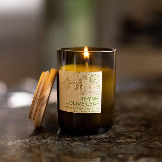 Paddywax Eco Collection Scented Soy Wax Candle in Glass Jar, Thyme & Olive Leaf Fragrance, Green Vessel with Wood Lid, 8 oz