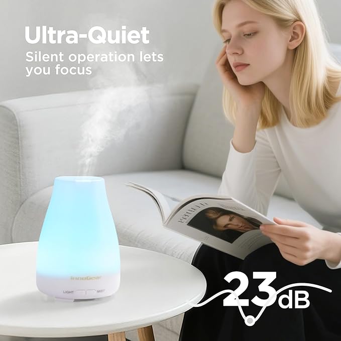 InnoGear Essential Oil Diffuser, 2 Pack Ultrasonic Diffusers for Home Aromatherapy Humidifier for Bedroom Room 7 Colors LED 2 Mist Mode Auto Off, Basic White