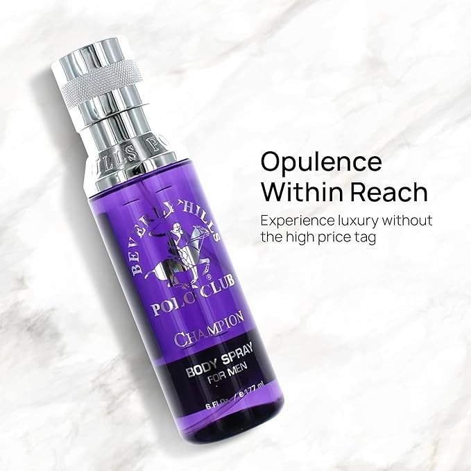 Beverly Hills Polo Club Body Spray for Men - BHPC Champion - Notes of Vanilla, Lily, Oakmoss & Patchouli - Long Lasting Body Mist Cologne Scent - Ideal Gift for Him, 6oz