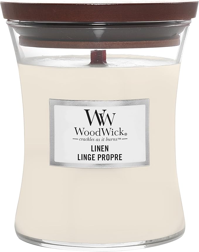 WoodWick Medium Hourglass Candle, Linen - Premium Soy Blend Wax, Pluswick Innovation Wood Wick, Made in USA