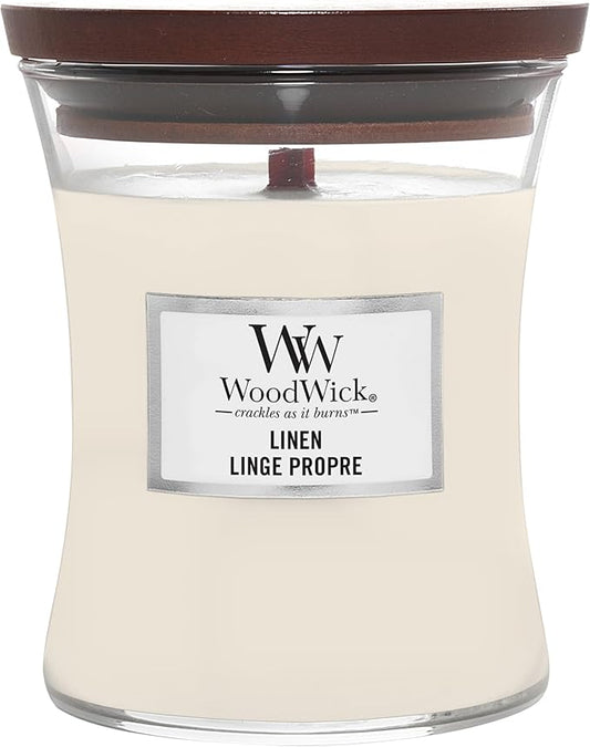 WoodWick Medium Hourglass Candle, Linen - Premium Soy Blend Wax, Pluswick Innovation Wood Wick, Made in USA