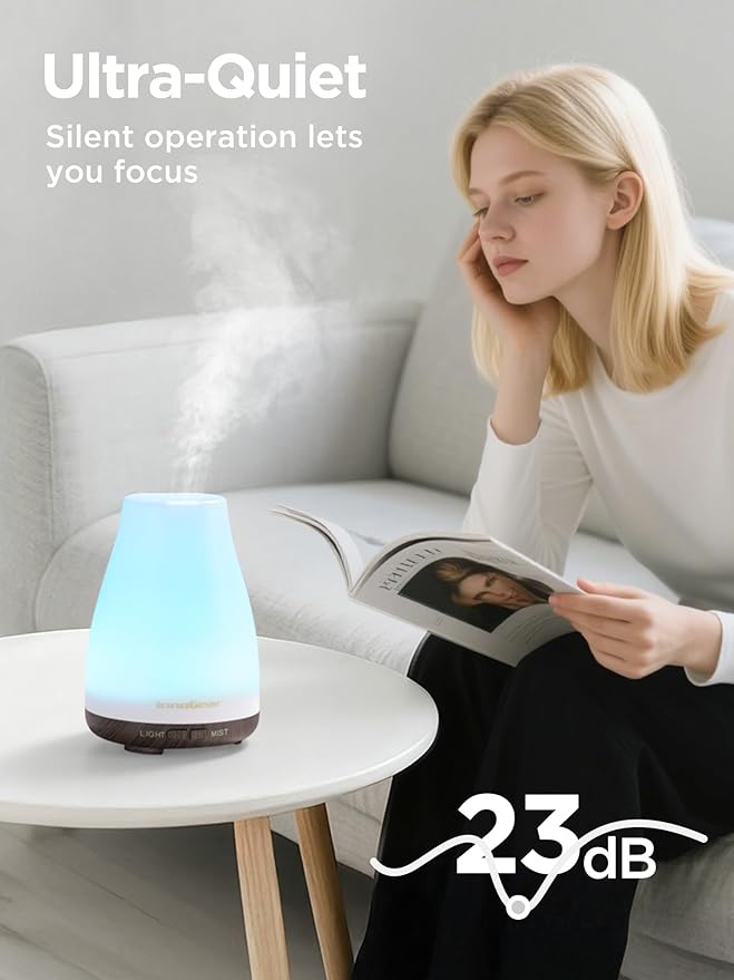 InnoGear Essential Oil Diffuser, Ultrasonic Diffusers for Home Aromatherapy Humidifier for Bedroom Room 7 Colors LED 2 Mist Mode Auto Off, Brown Base