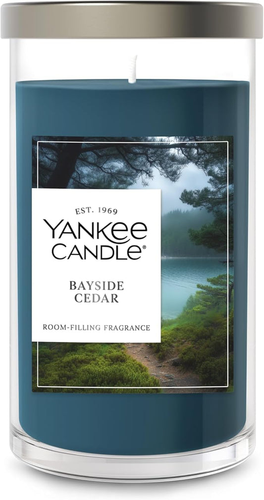 Yankee Candle Medium Pillar Scented Candle with up to 115 Hour Burn Time, Premium Plant Wax Blend for Consistent Burn, 14.25 oz Pillar Candle with Room Filling Fragrance, Bayside Cedar