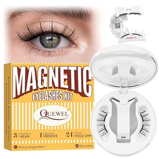 QUEWEL Magnetic-Eyelashes with Applicator, Upgrade 1 Pair Soft Magnetic Lashes, No Glue Needed Reusable Magnetic Eyelashes So Soft and Suitable for Beginners (Soft-Magnetic-D)