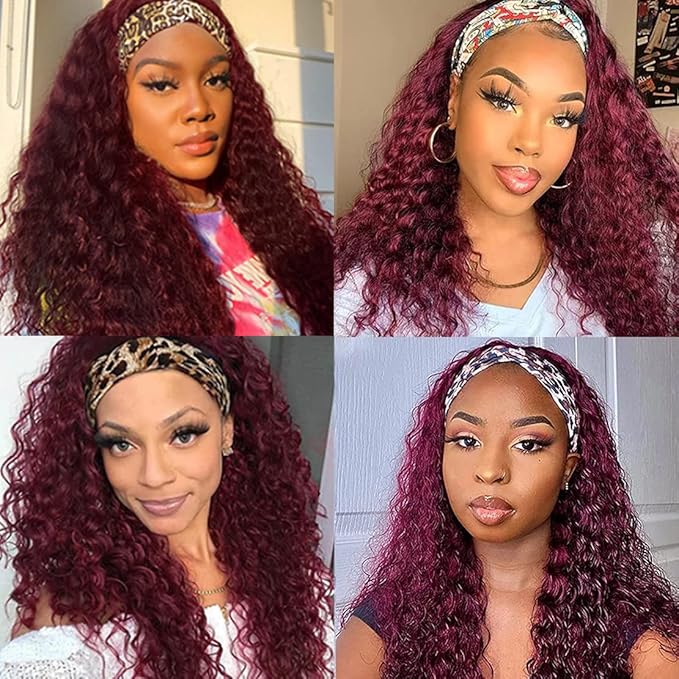 #99J Burgundy Headband Wig Human Hair Deep Wave Wigs for Black Women 150% Density None Lace Front Machine Made Brazilian Virgin Red Wine Deep Wave Headband Wig Human Hair 14 Inch…