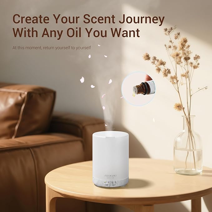 ASAKUKI 300ML Essential Oil Diffuser, Quiet 5-in-1 Premium Humidifier, Women's Day Gift, Home Fragrance Aroma Diffuser with 7 LED Color Changing Light and Auto-Off Switch -White