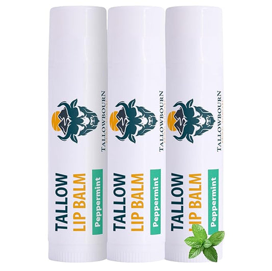 Moisturizing Tallow Lip Balm – Grass-Fed Beef Tallow with Organic Coconut Oil, Beeswax, and Vitamin E – Peppermint – Lip Balm Set – Travel Essential – 3-Pack