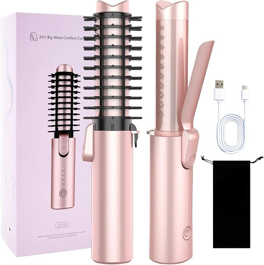 Cordless Curling Iron Brush, 3-in-1 Travel Hair Curler Straightener Brush, 7000mAh Rechargeable Mini Curling Iron Tool, 4 Temperatures/Fast Heating/Anti-Scald/Anti-Frizz Hot Rollers