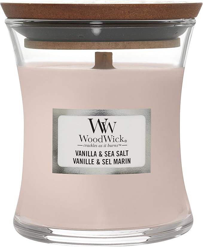 WoodWick Scented Candle with Crackling Wick | Vanilla & Sea Salt Mini Hourglass Candle | Up to 20 Hours Burn Time | Perfect Gifts for Women