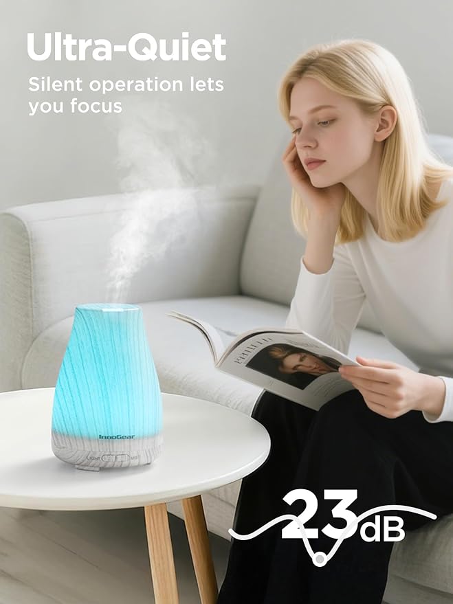InnoGear Essential Oil Diffuser, Ultrasonic Diffusers for Home Aromatherapy Humidifier for Bedroom Room 7 Colors LED 2 Mist Mode Auto Off, White Grey