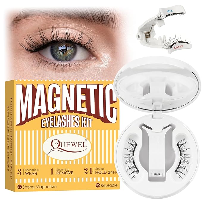 QUEWEL Magnetic-Eyelashes with Applicator, Upgrade 1 Pair Soft Magnetic Lashes, No Glue Needed Reusable Magnetic Eyelashes So Soft and Suitable for Beginners (Soft-Magnetic-B)