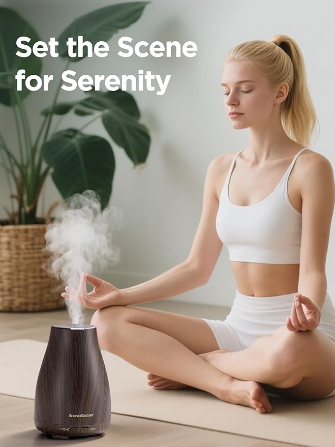 InnoGear Essential Oil Diffuser, Ultrasonic Diffusers for Home Aromatherapy Humidifier for Bedroom Room 7 Colors LED 2 Mist Mode Auto Off, Brown