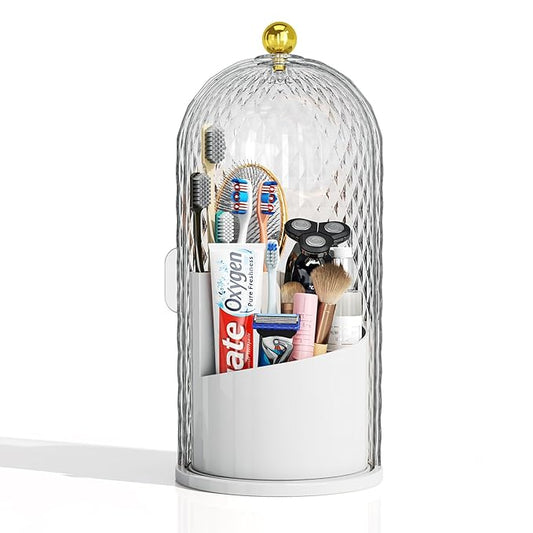 Makeup Brush Holder Organizer, 360 Rotating Makeup Brush Organizer Cosmetics Make up Brush Organizer for Vanity, Waterproof Dustproof Makup Brush Storage for Bathroom Countertop