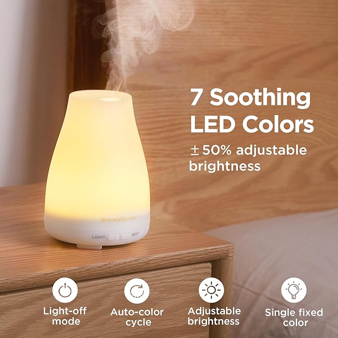 InnoGear Essential Oil Diffuser, 2 Pack Ultrasonic Diffusers for Home Aromatherapy Humidifier for Bedroom Room 7 Colors LED 2 Mist Mode Auto Off, Basic White