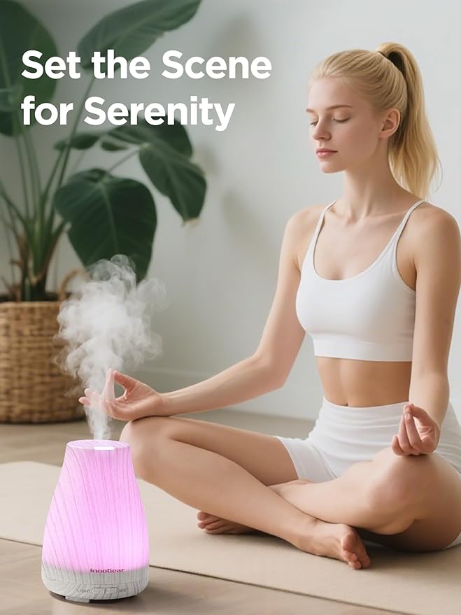 InnoGear Essential Oil Diffuser, Ultrasonic Diffusers for Home Aromatherapy Humidifier for Bedroom Room 7 Colors LED 2 Mist Mode Auto Off, White Grey