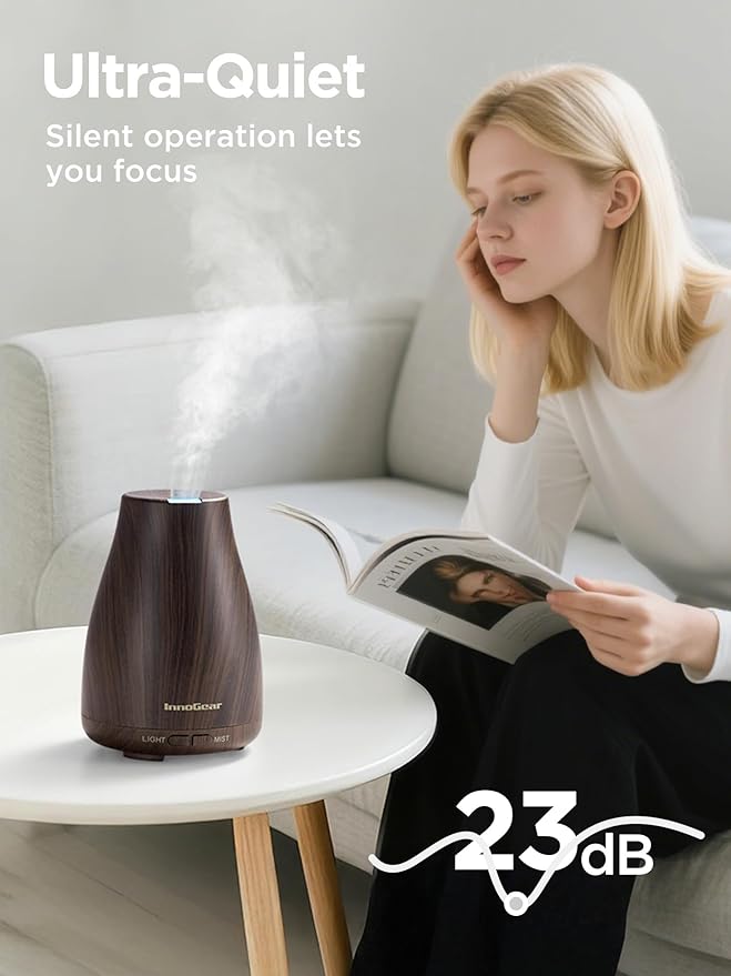 InnoGear Essential Oil Diffuser, Ultrasonic Diffusers for Home Aromatherapy Humidifier for Bedroom Room 7 Colors LED 2 Mist Mode Auto Off, Brown