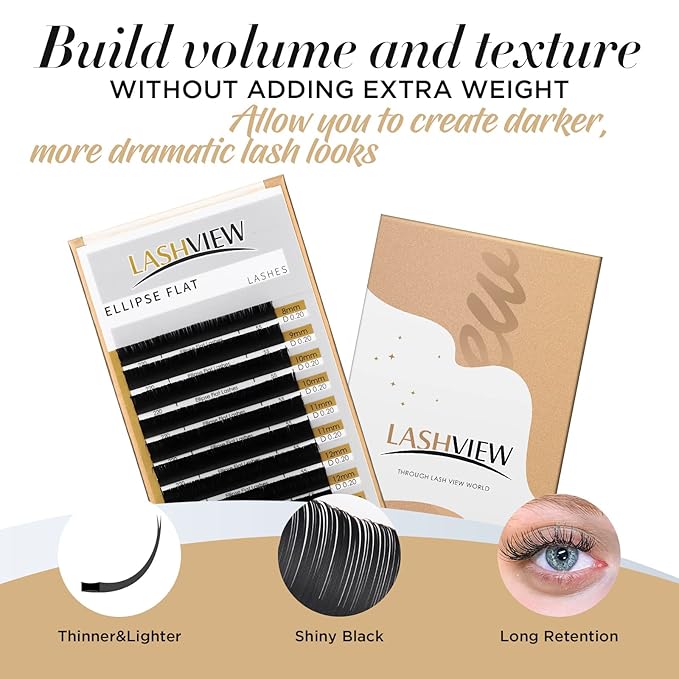 LASHVIEW Eyelash Extensions,Ellipse Flat Eyelash Extensions 0.20mm D Curl 12mm, Black,Individual Lashes,Semi-Permanent Extremely Soft Professional Salon Use