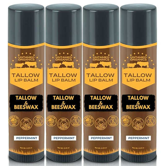 Pure Tallow Lip Balm | 100% Grass-Fed Beef Tallow and Organic Beeswax | Moisturizing Lip Care for Dry, Chapped Lips | Hypoallergenic, Fragrance-Free | Handcrafted in USA | 4-Pack (Peppermint)
