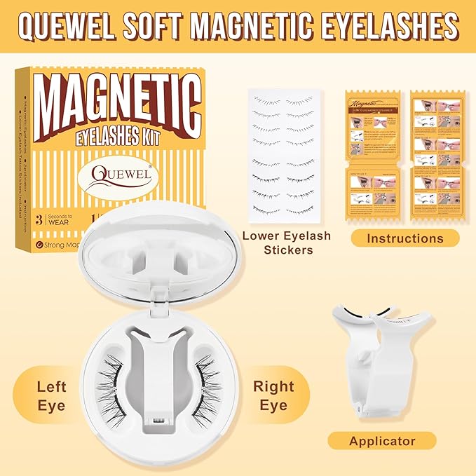 QUEWEL Magnetic-Eyelashes with Applicator, Upgrade 1 Pair Soft Magnetic Lashes, No Glue Needed Reusable Magnetic Eyelashes So Soft and Suitable for Beginners (Soft-Magnetic-B)