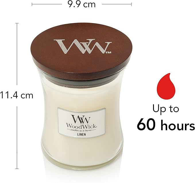 WoodWick Medium Hourglass Candle, Linen - Premium Soy Blend Wax, Pluswick Innovation Wood Wick, Made in USA