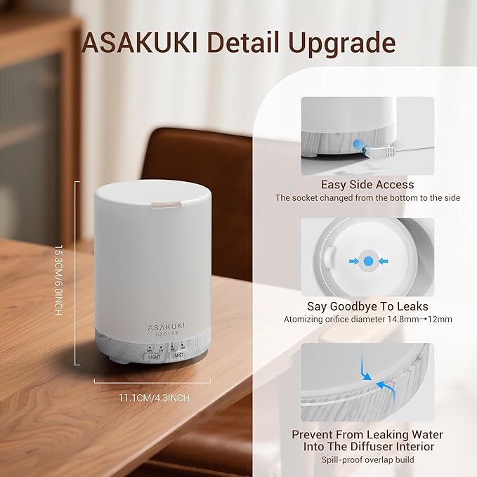 ASAKUKI 300ML Essential Oil Diffuser, Quiet 5-in-1 Premium Humidifier, Women's Day Gift, Home Fragrance Aroma Diffuser with 7 LED Color Changing Light and Auto-Off Switch -White