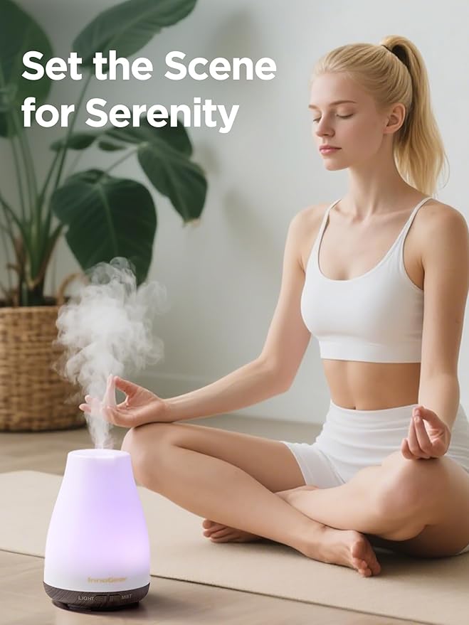 InnoGear Essential Oil Diffuser, Ultrasonic Diffusers for Home Aromatherapy Humidifier for Bedroom Room 7 Colors LED 2 Mist Mode Auto Off, Brown Base